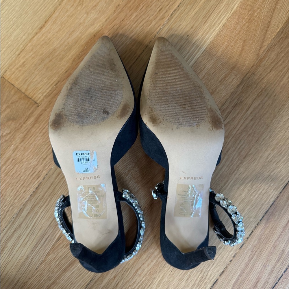 Express Black Suede Pointed Toe Heels with Rhinestone Slingback Strap - Picture 5 of 7